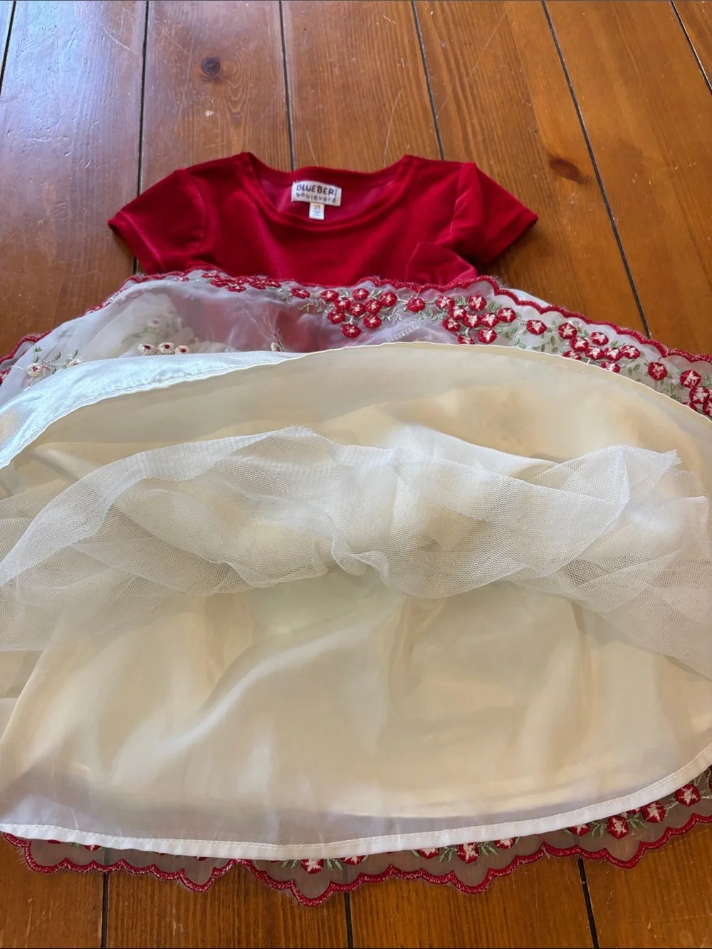 Blueberi Boulevard Girls' Red Velvet & Ivory Embroidered Holiday Dress Size 2T